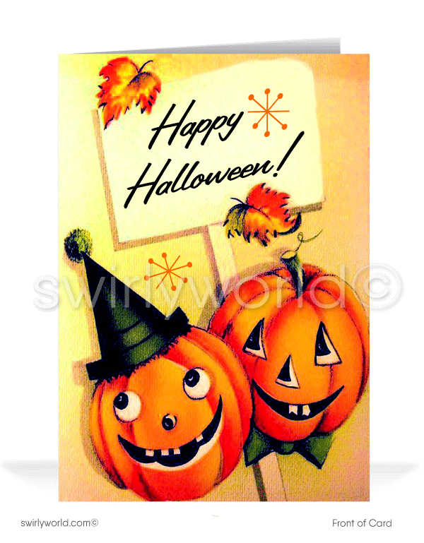 Send vintage Mid-Century Modern style Halloween greetings with Swirly World's charming card featuring jack-o'-lanterns and a festive "Happy Halloween" sign. Available in flat or folded styles with optional custom envelopes. Add a retro touch to your Halloween celebrations with this exclusive design!