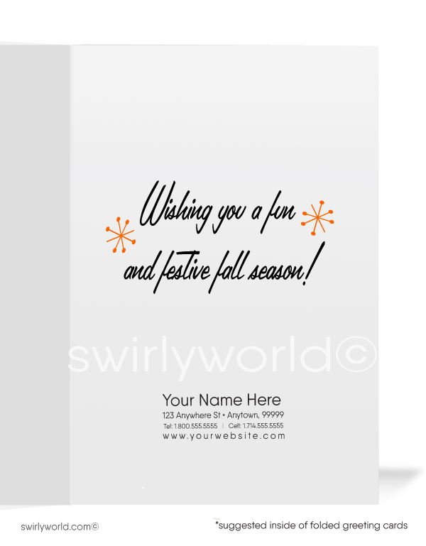 Send vintage Mid-Century Modern style Halloween greetings with Swirly World's charming card featuring jack-o'-lanterns and a festive "Happy Halloween" sign. Available in flat or folded styles with optional custom envelopes. Add a retro touch to your Halloween celebrations with this exclusive design!