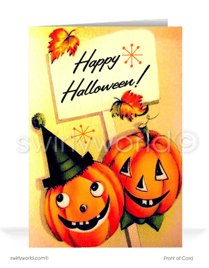 Send vintage Mid-Century Modern style Halloween greetings with Swirly World's charming card featuring jack-o'-lanterns and a festive "Happy Halloween" sign. Available in flat or folded styles with optional custom envelopes. Add a retro touch to your Halloween celebrations with this exclusive design!
