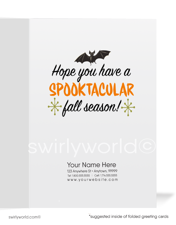 Celebrate Halloween with Swirly World's Vintage Black Cat Cards, inspired by the 1950s. Featuring a black cat perched on a fence with a bat silhouetted against the moonlight. Perfect for adding a nostalgic touch to your festivities. Choose single-panel or folded options, with customizable envelopes available.