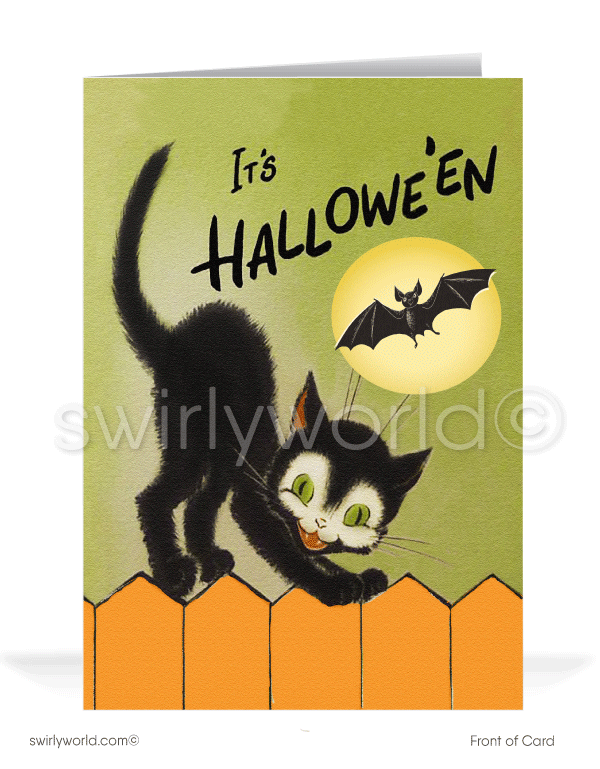 Celebrate Halloween with Swirly World's Vintage Black Cat Cards, inspired by the 1950s. Featuring a black cat perched on a fence with a bat silhouetted against the moonlight. Perfect for adding a nostalgic touch to your festivities. Choose single-panel or folded options, with customizable envelopes available.