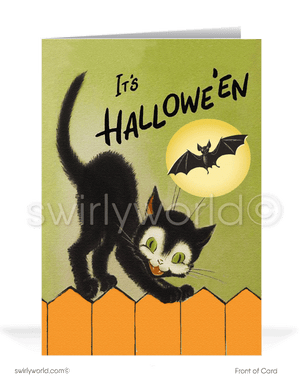 Celebrate Halloween with Swirly World's Vintage Black Cat Cards, inspired by the 1950s. Featuring a black cat perched on a fence with a bat silhouetted against the moonlight. Perfect for adding a nostalgic touch to your festivities. Choose single-panel or folded options, with customizable envelopes available.