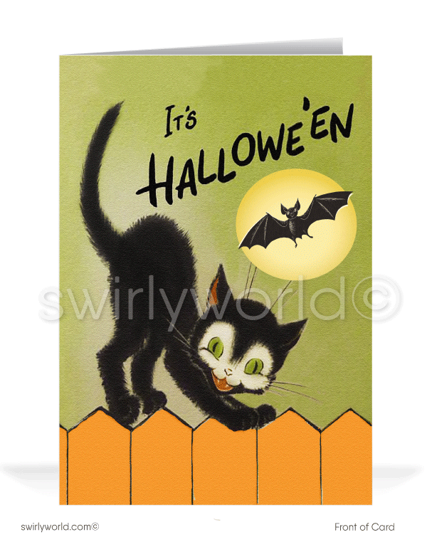 1950’s vintage mid-century retro black kitty cat Happy Halloween Greeting Cards for Business Customers.