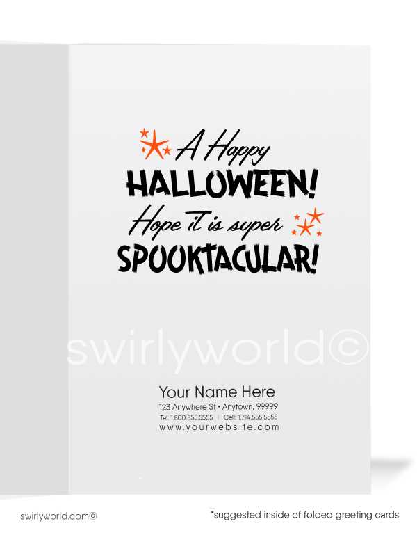Celebrate Halloween with Swirly World's kitschy black cat card! Featuring a vintage-style kitten dressed as a witch against a vivid backdrop, this 1940s-1950s inspired design is perfect for sending nostalgic Halloween greetings. Customizable wording and envelopes available!