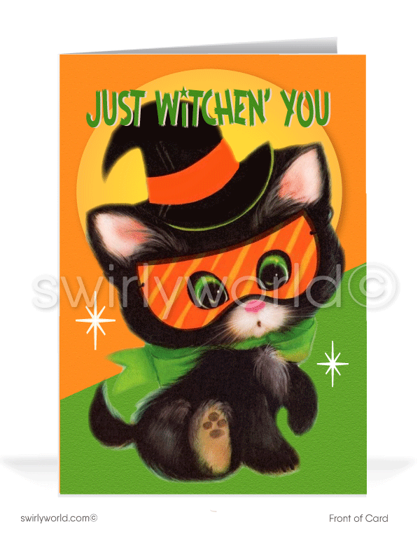 Celebrate Halloween with Swirly World's kitschy black cat card! Featuring a vintage-style kitten dressed as a witch against a vivid backdrop, this 1940s-1950s inspired design is perfect for sending nostalgic Halloween greetings. Customizable wording and envelopes available!