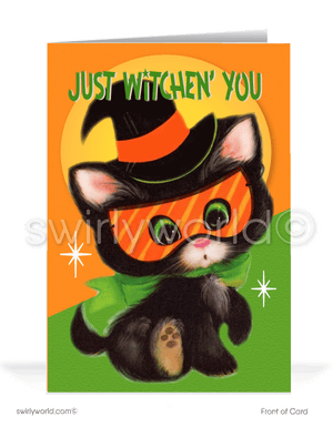 Celebrate Halloween with Swirly World's kitschy black cat card! Featuring a vintage-style kitten dressed as a witch against a vivid backdrop, this 1940s-1950s inspired design is perfect for sending nostalgic Halloween greetings. Customizable wording and envelopes available!