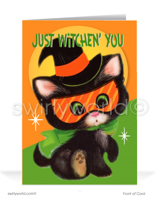 1950’s vintage mid-century retro black kitty cat witch Happy Halloween Greeting Cards for Business Customers.