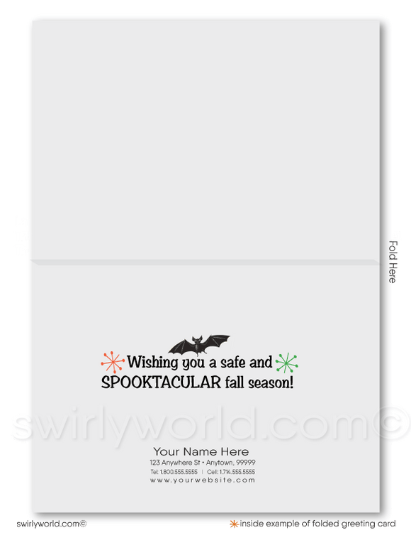 1950’s vintage mid-century retro Happy Halloween Greeting Cards for Business Customers. Vintage halloween kitty cat