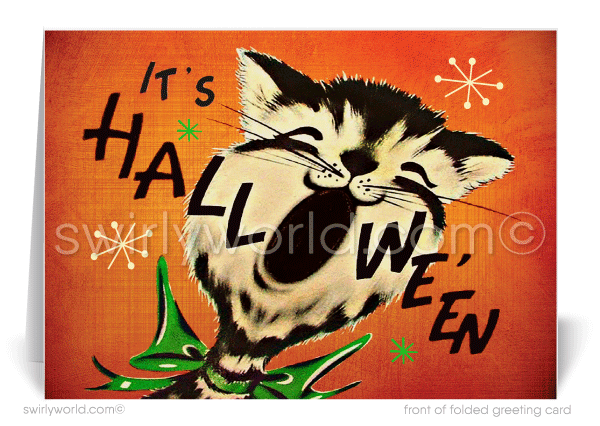 Celebrate Halloween with Swirly World's retro kitten card! Featuring a kitschy kitten meowing "It's Halloween" against a vibrant orange background with atomic starbursts, this card captures vintage charm. Perfect for sharing seasonal joy. Customizable wording and envelopes available!