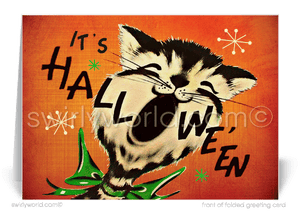 Celebrate Halloween with Swirly World's retro kitten card! Featuring a kitschy kitten meowing "It's Halloween" against a vibrant orange background with atomic starbursts, this card captures vintage charm. Perfect for sharing seasonal joy. Customizable wording and envelopes available!