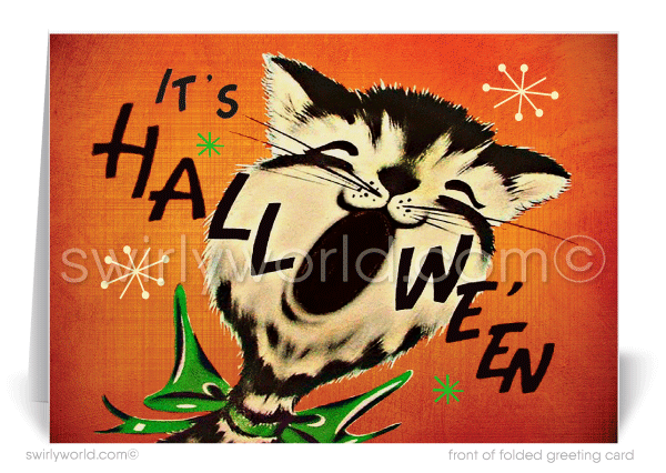 1950’s vintage mid-century retro Happy Halloween Greeting Cards for Business Customers. Vintage halloween kitty cat