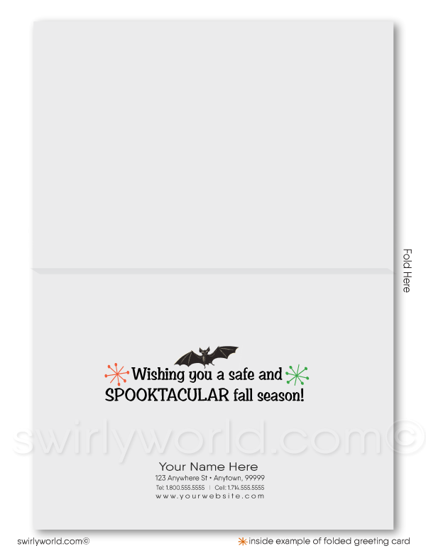 Relive the nostalgia of Halloweens past with Swirly World's retro greeting card! Featuring a spooked kitschy girl and black kitty in a classic 1940s-1950s style, this card captures vintage charm. Perfect for sharing Halloween cheer. Customizable wording and envelopes available!