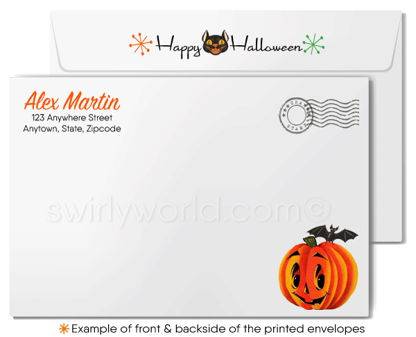 Relive the nostalgia of Halloweens past with Swirly World's retro greeting card! Featuring a spooked kitschy girl and black kitty in a classic 1940s-1950s style, this card captures vintage charm. Perfect for sharing Halloween cheer. Customizable wording and envelopes available!