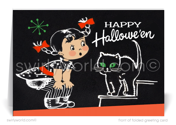 Relive the nostalgia of Halloweens past with Swirly World's retro greeting card! Featuring a spooked kitschy girl and black kitty in a classic 1940s-1950s style, this card captures vintage charm. Perfect for sharing Halloween cheer. Customizable wording and envelopes available!