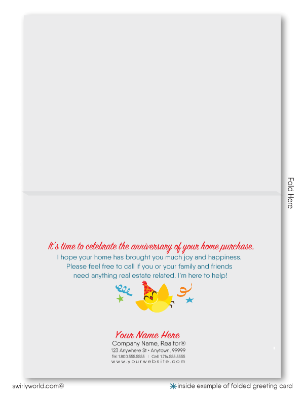 Happy home anniversary cards for clients House-a-Versary from Realtor. Cute bird house happy home anniversary for clients. Cute birds in white bird house with balloons celebrating home anniversary cards marketing for Realtors®.