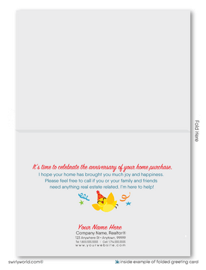 Cute birds in white bird house with balloons celebrating home anniversary cards marketing for Realtors®.