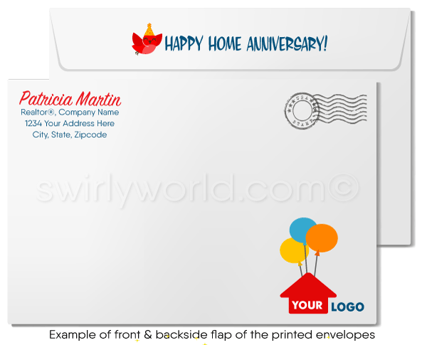 Cute birds in white bird house with balloons celebrating home anniversary cards marketing for Realtors®.