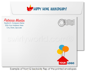 Cute birds in white bird house with balloons celebrating home anniversary cards marketing for Realtors®.