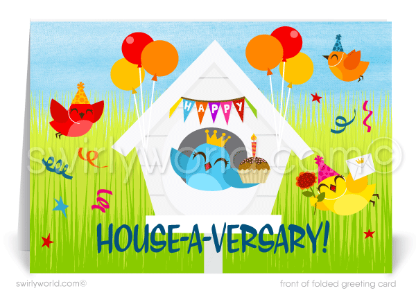 Happy home anniversary cards for clients House-a-Versary from Realtor. Cute bird house happy home anniversary for clients. Cute birds in white bird house with balloons celebrating home anniversary cards marketing for Realtors®.