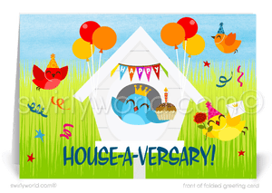 Happy home anniversary cards for clients House-a-Versary from Realtor. Cute bird house happy home anniversary for clients. Cute birds in white bird house with balloons celebrating home anniversary cards marketing for Realtors®.