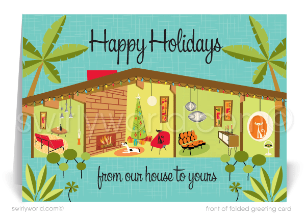 Retro mid-century modern Eichler atomic ranch home MCM Christmas holiday greeting cards.