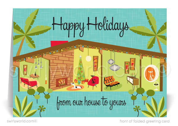 Swirly World Christmas Cards - Celebrate mid-century charm with our Retro Atomic Modern Christmas card, featuring a vibrant Eichler home with iconic MCM furniture set against a tropical desert backdrop of palm trees and succulents. Customizable and premium-quality, these cards are perfect for sharing holiday cheer with a vintage flair.