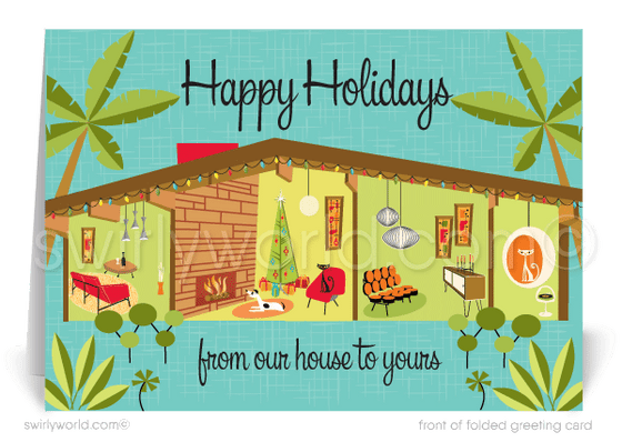 Retro mid-century modern Eichler atomic ranch home MCM Christmas holiday greeting cards.