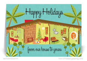 Swirly World Christmas Cards - Celebrate mid-century charm with our Retro Atomic Modern Christmas card, featuring a vibrant Eichler home with iconic MCM furniture set against a tropical desert backdrop of palm trees and succulents. Customizable and premium-quality, these cards are perfect for sharing holiday cheer with a vintage flair.