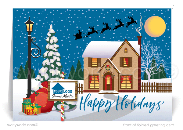 Cute Neighborhood House Real Estate Holiday Christmas Cards for Realtors. Cute Realtor Real Estate Agent Christmas Holiday Greeting Card Marketing.