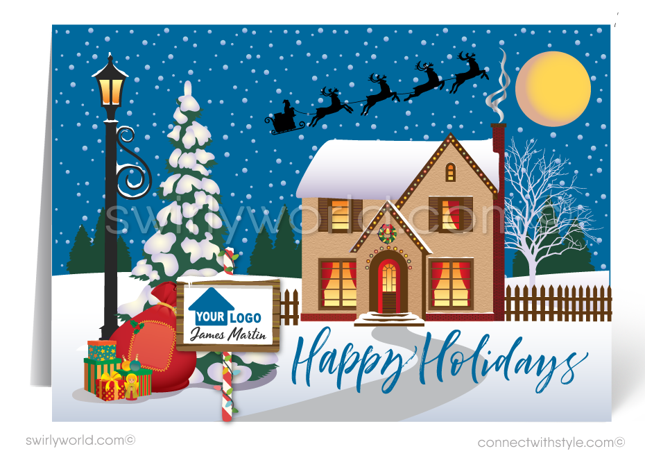 Cute Neighborhood House Real Estate Holiday Christmas Cards for Realtors 