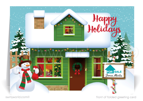 Cute merry christmas holiday greeting card for clients from your neighborhood realtor, real estate agent