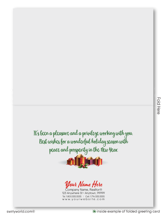 Cute Real Estate Agent Holiday Christmas Greeting Cards for Realtors. House with Christmas lights and snowman.