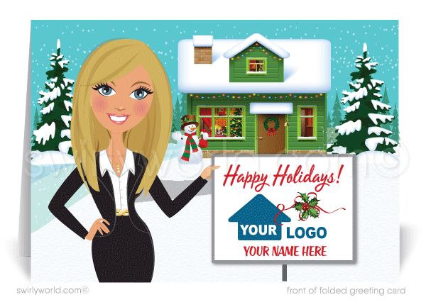 Cute Real Estate Agent Holiday Christmas Greeting Cards for Realtors. House with Christmas lights and snowman.