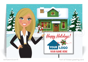Cute Real Estate Agent Holiday Christmas Greeting Cards for Realtors. House with Christmas lights and snowman.