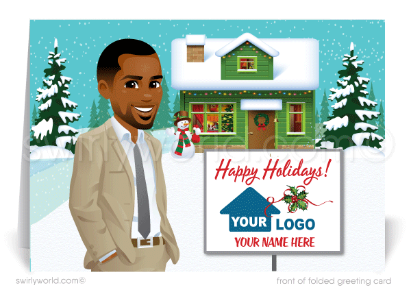 African American black man male realtor real estate agent holiday Christmas cards.
