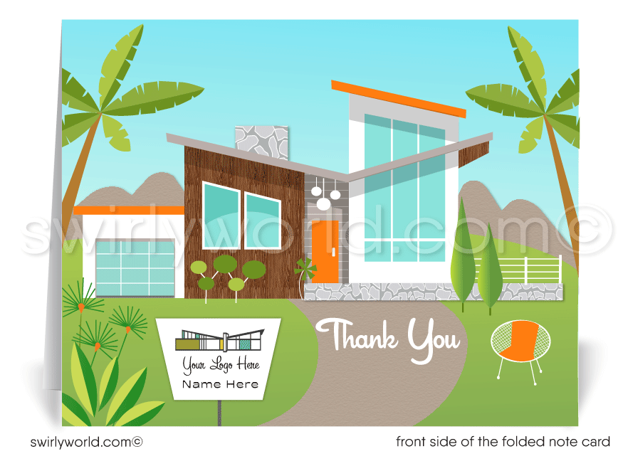 Retro mid-century modern Palm Springs home interior note cards for Realtors.