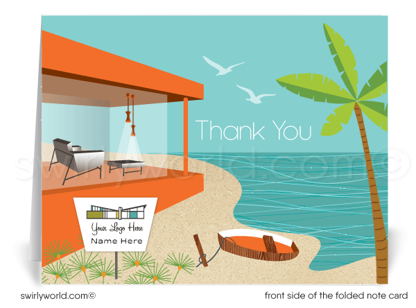 Retro Beach Mid-Century Modern Eichler Thank You Note Cards for Architects Designers.
