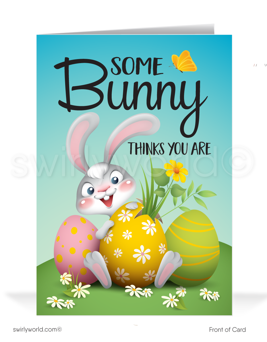 Funny Cartoon Business Happy Easter greeting cards for customers. Cute Bunny Business Happy Easter Cards for Customers
