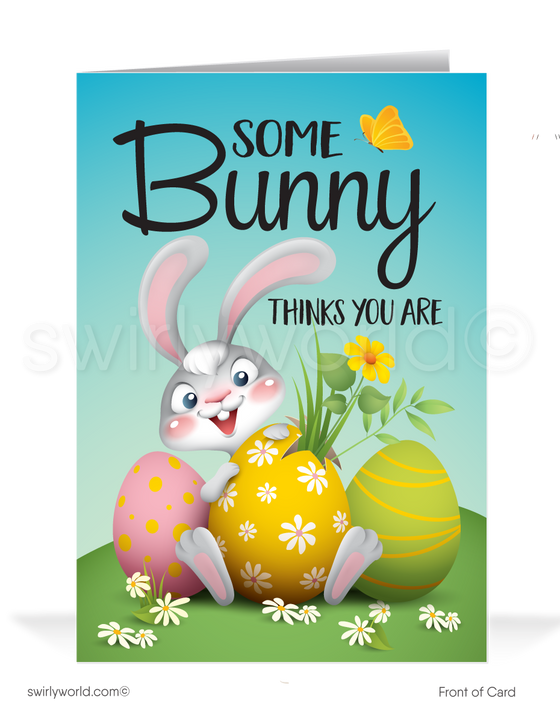 Funny Cartoon Business Happy Easter greeting cards for customers. Cute Bunny Business Happy Easter Cards for Customers