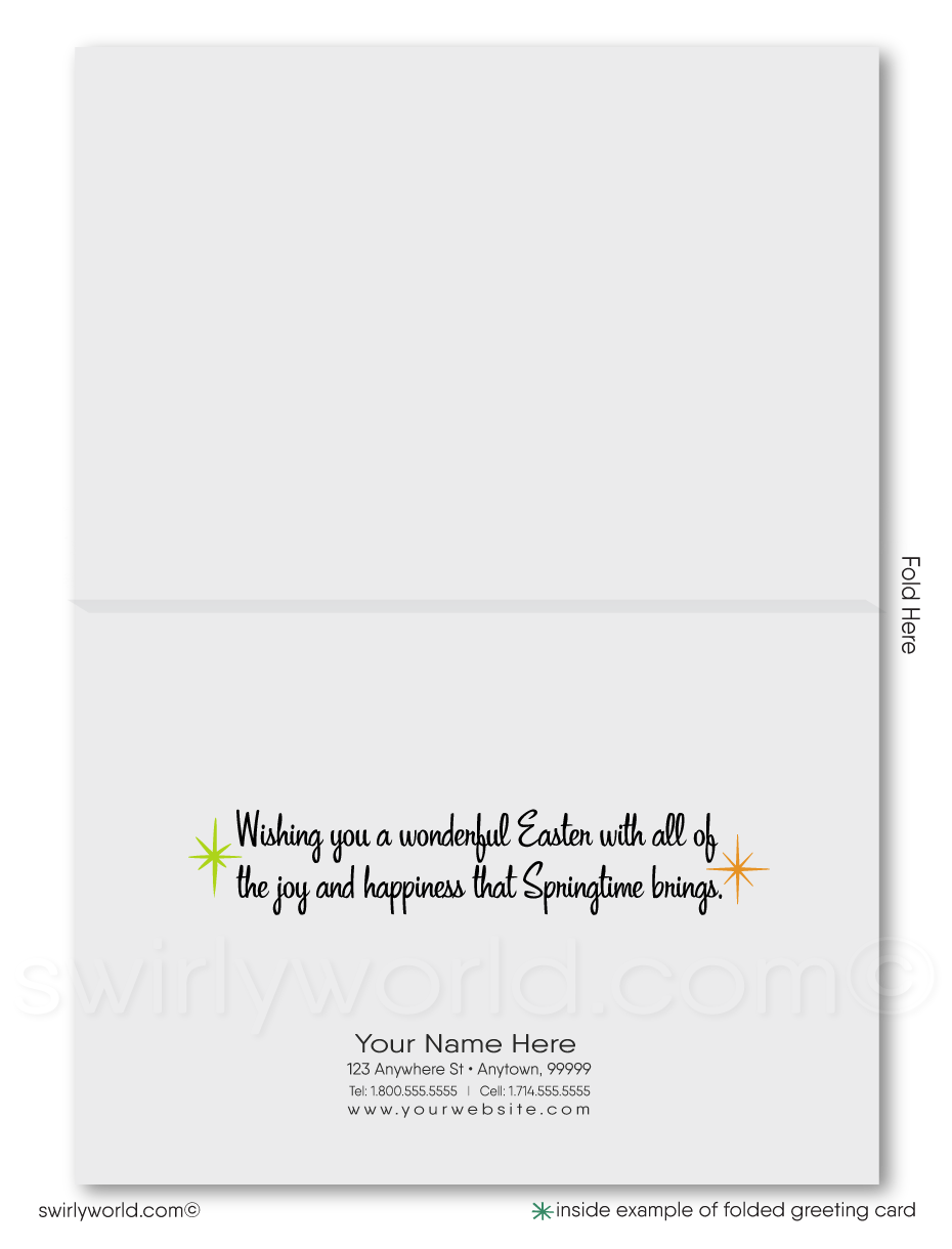 Send Easter joy with a retro card featuring a nostalgic mesh bag of Easter eggs, bold vintage lettering, and atomic starbursts. Perfect for clients, family & friends!