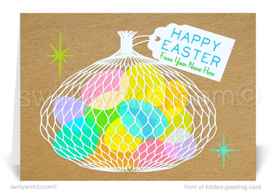 Retro mod vintage Springtime colorful eggs in basket happy Easter Spring greeting cards for business professional marketing.