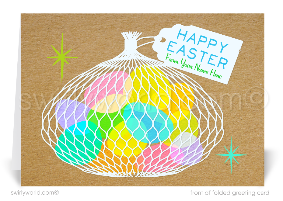 Send Easter joy with a retro card featuring a nostalgic mesh bag of Easter eggs, bold vintage lettering, and atomic starbursts. Perfect for clients, family & friends!