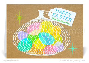 Send Easter joy with a retro card featuring a nostalgic mesh bag of Easter eggs, bold vintage lettering, and atomic starbursts. Perfect for clients, family & friends!