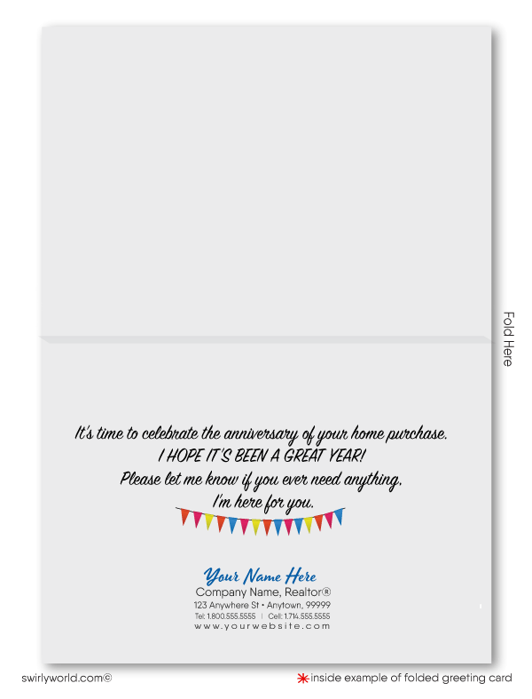Happy home anniversary cards for Realtors real estate agent marketing. House-a-versary 
