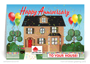 Happy home anniversary cards for Realtors real estate agent marketing. House-a-versary 