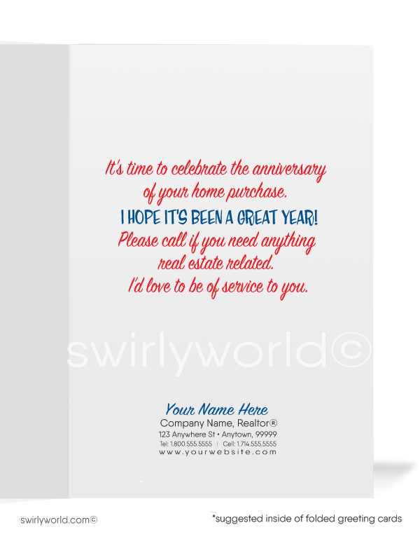 Cute House with Red Bow and Balloons Happy Home House-a-versary Cards for Realtors®