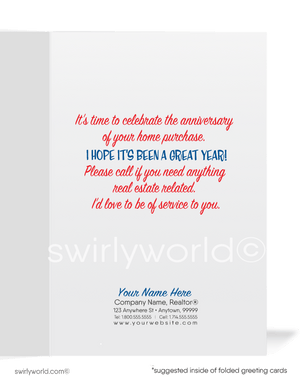 Cute House with Red Bow and Balloons Happy Home House-a-versary Cards for Realtors®