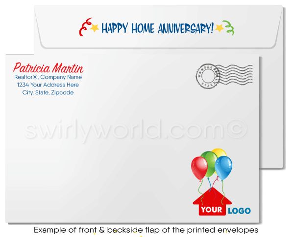 Cute House with Red Bow and Balloons Happy Home House-a-versary Cards for Realtors®
