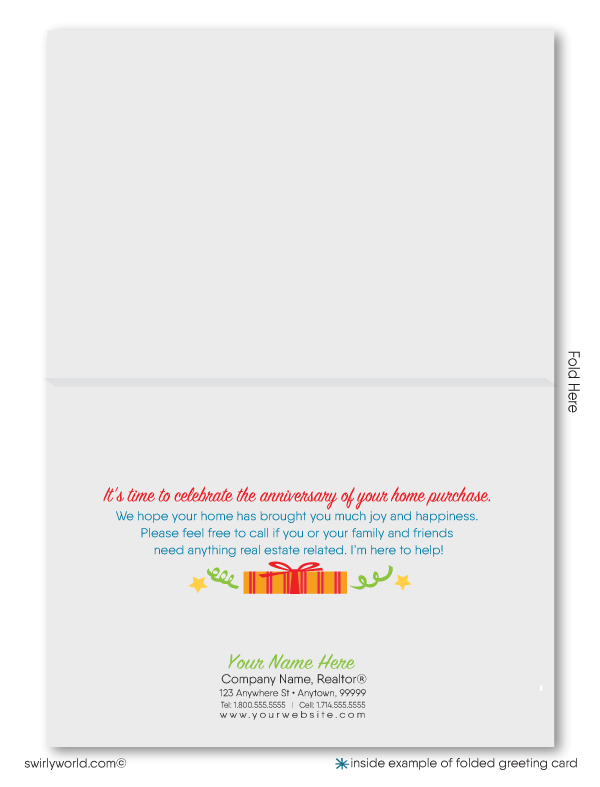 Cute House Happy Home Anniversary Cards for Clients from Realtor. House made of presents gift packages.