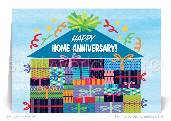 Cute House Happy Home Anniversary Cards for Clients from Realtor. House made of presents gift packages.